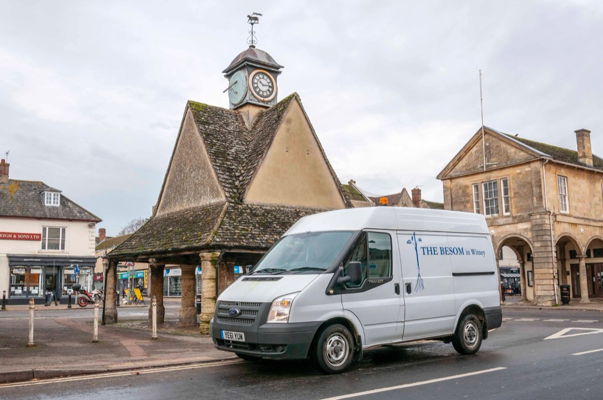 The Besom in Witney van parked by the Buttercross in Witney market place
